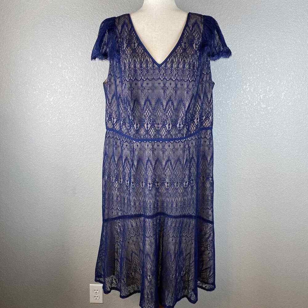 Adrianna Papell Womens Knee Length Cocktail‎ Dress 16W Plus Blue Lace Cap Sleeve